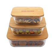 3 boîtes rectangulaires en verre bambou - 370ml/640ml/1040ml 